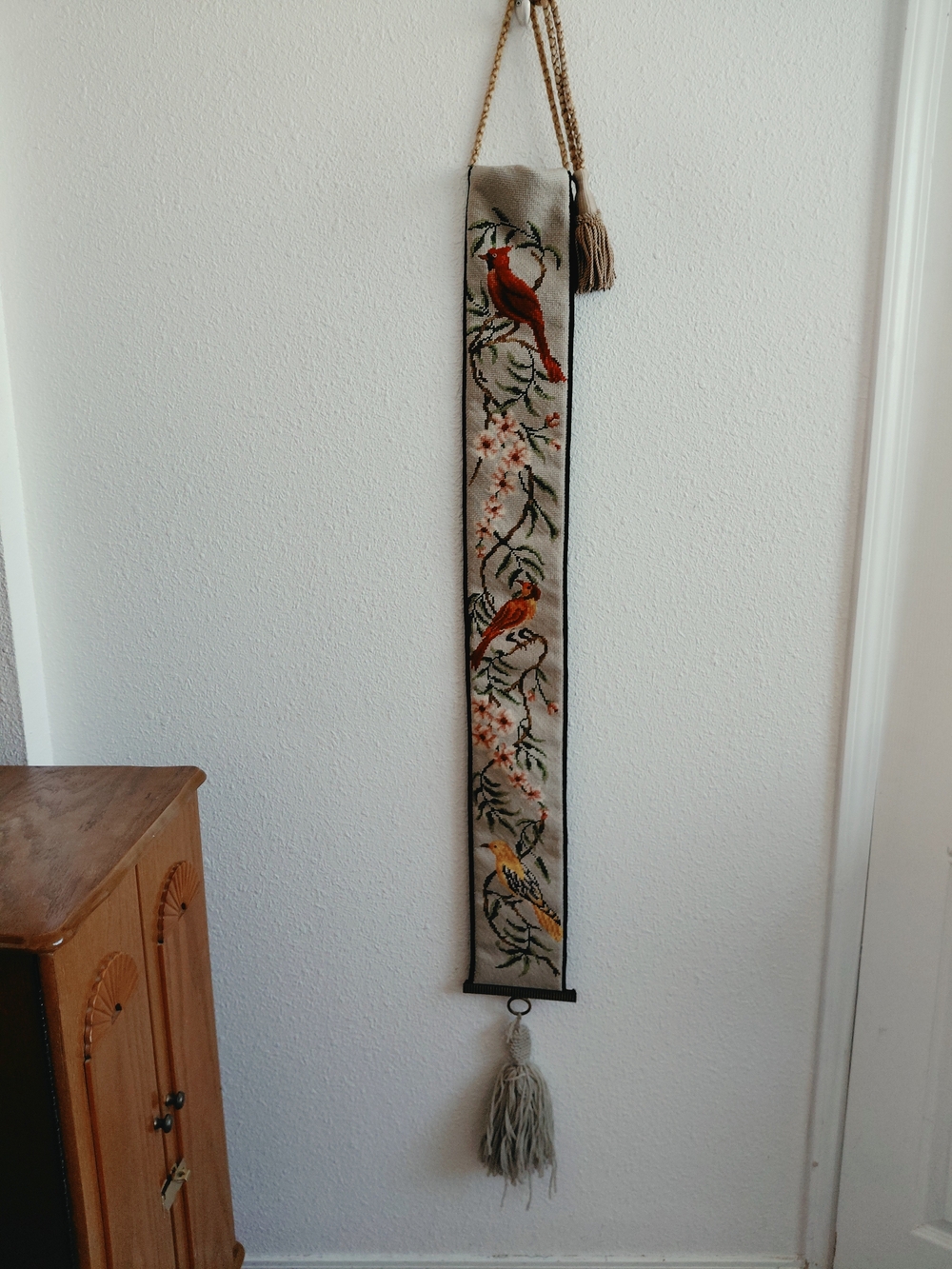 Antique Dutch Bell Pull Cord  Embroidered Birds Green Velvet Base